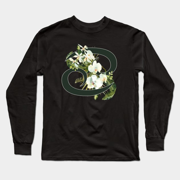 Cancer Horoscope Zodiac White Orchid Design Long Sleeve T-Shirt by bumblefuzzies